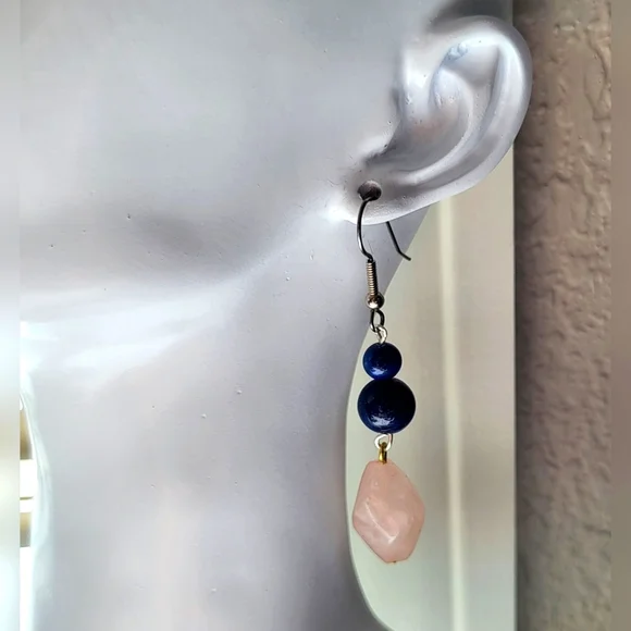 ARTISAN Milky Pink and Vibrant Blue Beaded Statement Dangle Earrings / Pierced - Picture 2 of 5